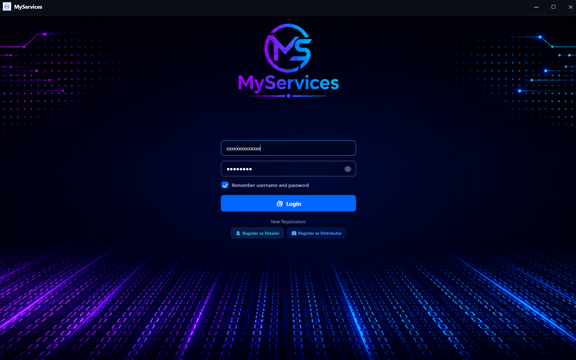 MyServices Desktop App Login View